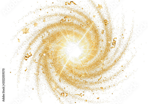 Golden Swirl Sparkle Confetti Explosion Isolated on White Background