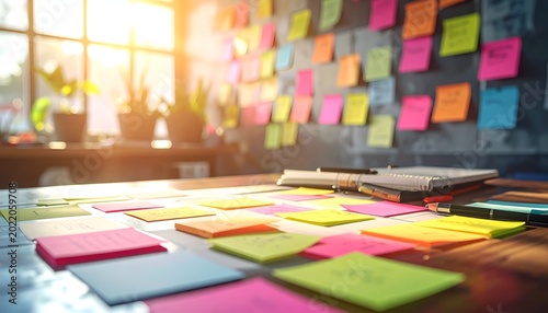 Bright sunlight streams through a window. Colorful sticky notes cover a cluttered desk