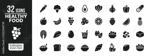 Bild auf Leinwand Healthy food icons set editable vector graphics for nutrition and wellness desig