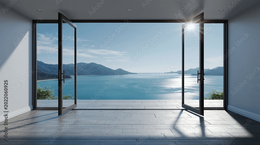 Fototapeta premium Expansive Modern Interior with Open French Doors Revealing Breathtaking Ocean and Mountain Vista