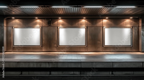 Three illuminated blank billboards on a modern subway station platform, ready for advertisement