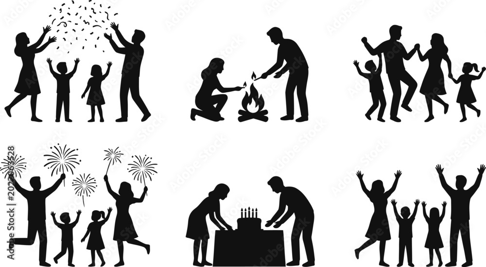 Obraz premium Black silhouette illustrations of people celebrating birthday party