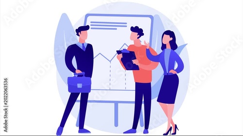 Flat business team meeting illustration with three office workers discussing project strategy in modern workplace, collaboration and teamwork during working day