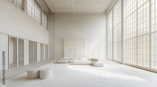 Modern spacious white living room interior with modular seating and large windows