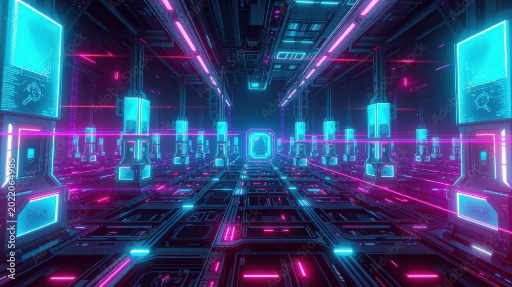 Fototapeta premium Futuristic corridor. Neon lights illuminate complex grid structure. Dark background emphasizes vibrant blues, pinks. Symmetry creates depth.