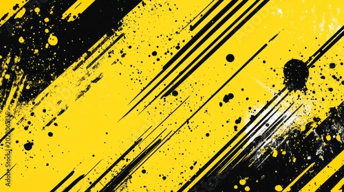 Abstract yellow and black grunge background with diagonal lines and splatters.