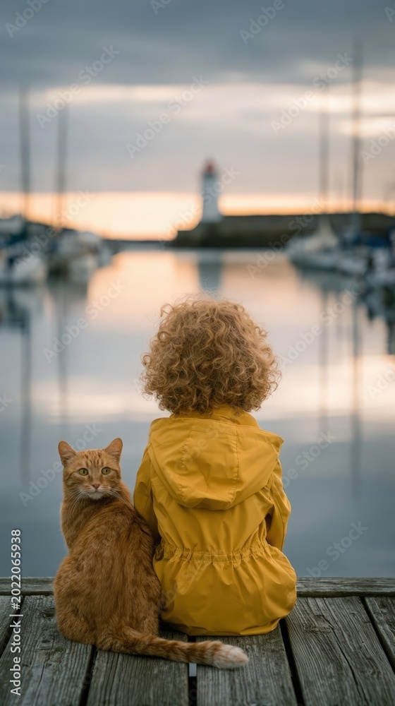 Obraz premium Young child with curly hair in yellow raincoat sitting on wooden dock with orange tabby cat watching harbor at sunset