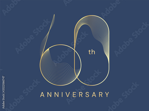 60th Anniversary luxury gold celebration with elegant smooth wavy lines overlapping in numbers logo typography vector illustration design concept. Sixty years anniversary gold template for invitation.
