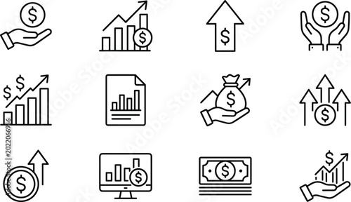 Financial growth and investment icon set featuring profit analytics money management and business success symbols