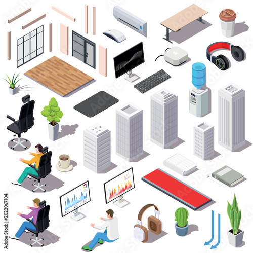 Isometric Office Constructor. Modular Workspace Assets and object Set