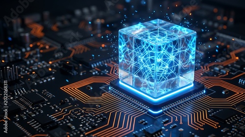 Digital data block on circuit board symbolizing powering advanced machine learning, data analytics, and quantum computing for corporate innovation and digital solutions.