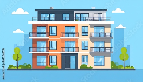 Urban condominium illustration with balconies and modern city environment