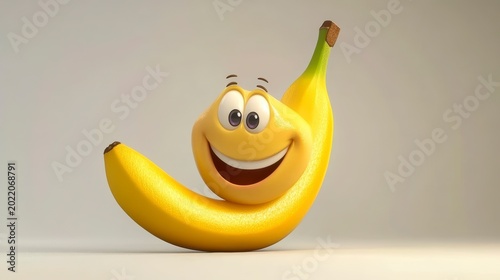 Happy cartoon banana character with big smile.
