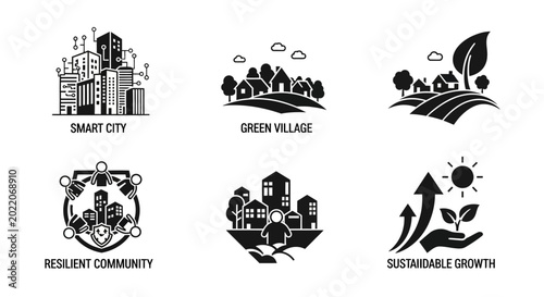Sustainable Urban and Rural Development Icons: Smart City, Green Village, Resilient Community, Growth