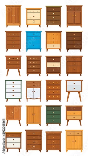 Collection of various wooden dressers furniture.