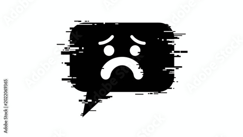 Sad face emoji in glitched black speech bubble for cyberbullying and online toxicity vector
