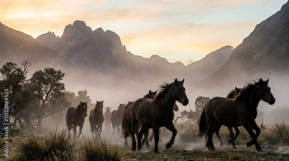 Obraz premium Wild horses running through foggy valley at dawn, motion blur, dramatic natural scenery, realistic wildlife action photography