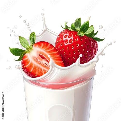Fresh strawberries in milk glass splash.