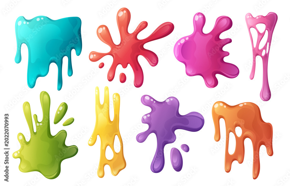 Fototapeta premium Slime vector illustration with colorful jelly splash and sticky liquid drip texture. Gooey green blob and pink goo - spooky halloween monster frame with toxic cartoon slime drops on white background.