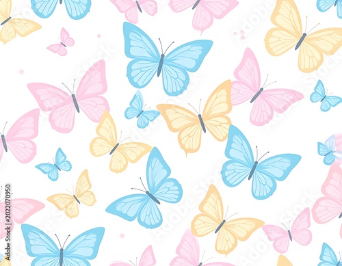 Colorful butterflies on white background pattern.
