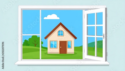 House Viewed Through Open Window Pane.