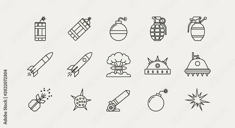 Naklejka premium Explosive Icons Set: Bombs, Grenades, Rockets, Nuclear Explosion, Dynamite