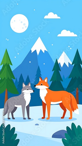 Two cartoon animals in snowy landscape.