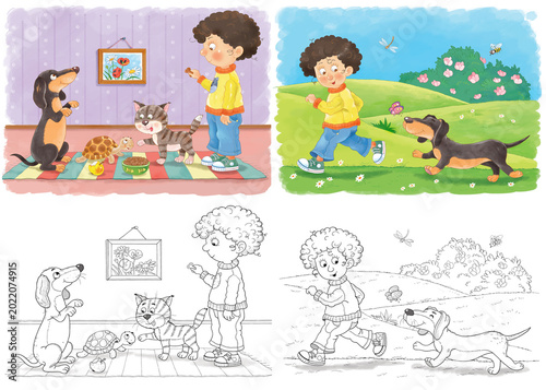 Cute and funny kids playing with their pets.  Set of illustrations for children. Coloring page
