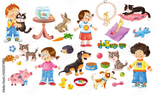 Cute and funny kids playing with their pets.  Set of illustrations for children. Coloring page