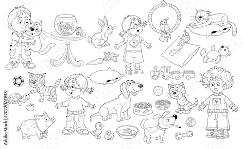 Cute and funny kids playing with their pets.  Set of illustrations for children. Coloring page