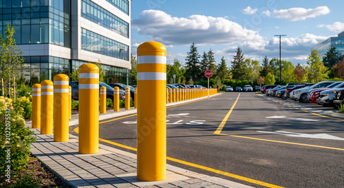 Yellow Bollards Protecting Sidewalk at Shopping Center Parking Lot With Cars and Storefronts