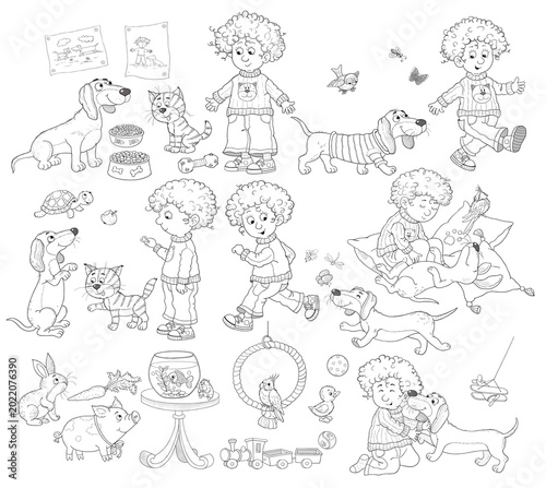 Cute and funny kids playing with their pets.  Set of illustrations for children. Coloring page