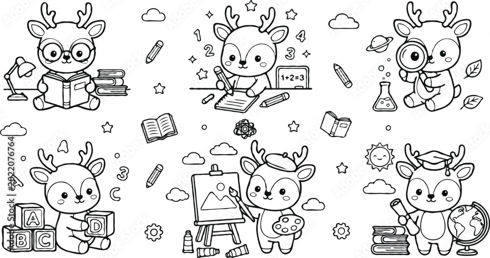 Fototapeta premium Cute Little Deer Set Engaged In Various School Academic Activities Such As Reading Writing And ArtsPrint