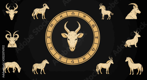 Foto Capricorn Zodiac Sign with Constellation Animals and Astrology Symbols