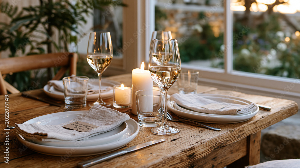 Fototapeta premium Candlelit dinner table set for a Father's Day family meal, place settings arranged for four with a small handwritten card tucked under a linen napkin, rustic wooden dining table and window with even