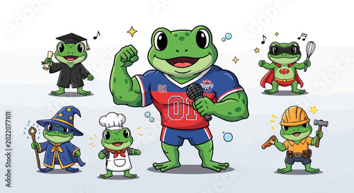 Happy Frogs Showcase Diverse Talents and Professions - Mascot Characters