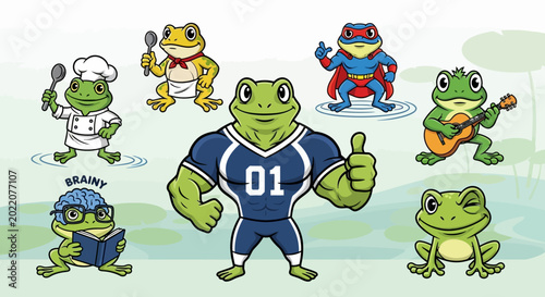 Diverse Frogs Collection: Chef, Musician, Superhero, Reader, Athlete