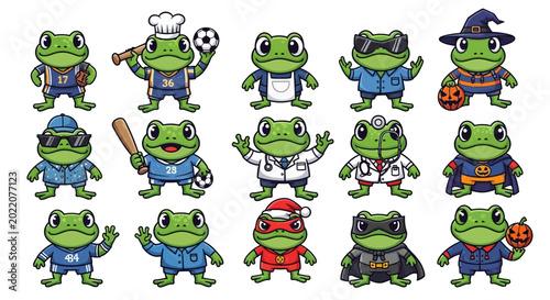 Cute Cartoon Frogs Collection: Diverse Characters in Fun Outfits and Professions