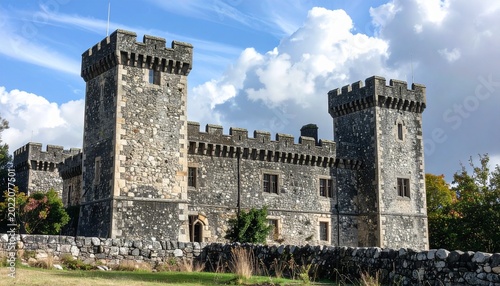 Historic castle property illustration with dramatic sky and stone textures