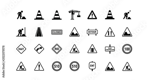Fotografie Construction Traffic Signs Icons Set - Road Work, Warning, Detour, Speed Limit