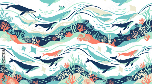 Ocean Marine Life Whales  Coral Flat Vector Seamless Pattern Illustration with Sea Creatures