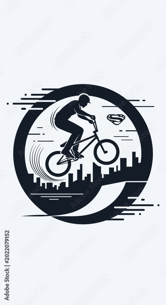 Fototapeta premium BMX Rider Silhouette in Circular Frame with City Skyline and Motion Blur