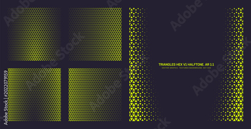 Assorted vector triangles hexagonal grid lime black contrast halftone pattern set in square 1:1 aspect ratio including smooth faded frame and varied textures. Half tone mod design elements collection