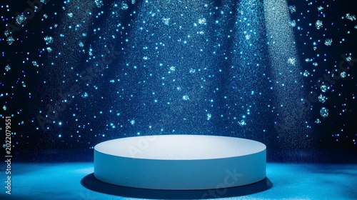 Illuminated cylindrical pedestal on dark blue background with glittering particles and spotlights.