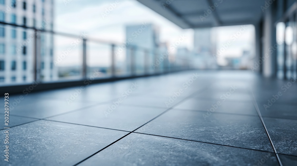 Fototapeta premium Modern Balcony Overlooking Cityscape with Tiled Floor and Glass Railing
