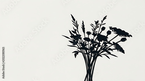 Silhouette of a Bouquet of Flowers on White Background with Natural Lighting