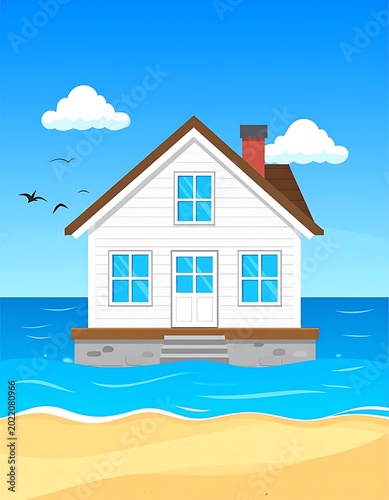 White house on the ocean beach.