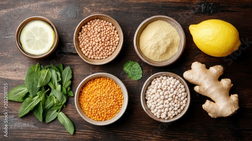 Overhead shot of various healthy ingredients lentils, millet, cornmeal, beans, lemon, ginger, sage.