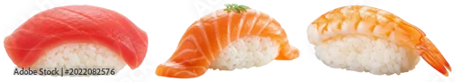 Obraz  z motywem Three pieces of sushi: tuna nigiri, salmon nigiri, and shrimp nigiri, isolated on a transparent background.
