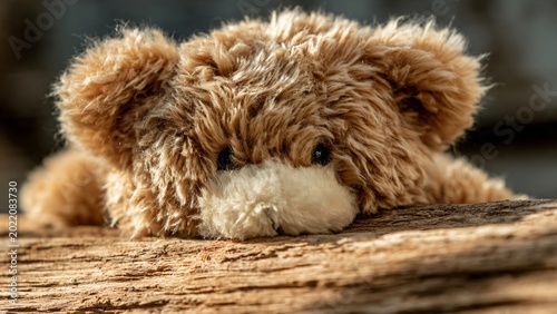 Cute teddy bear resting on wooden surface in warm sunlight